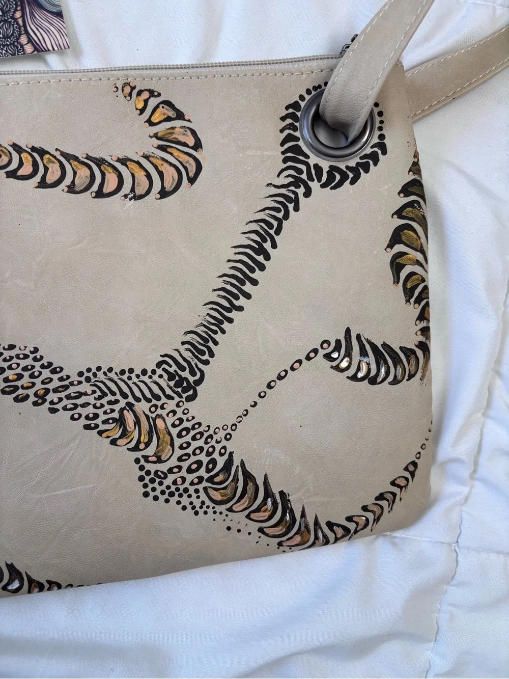 Wristlet Clutch in Taupe with Black and Metallic Accents. Hand painted